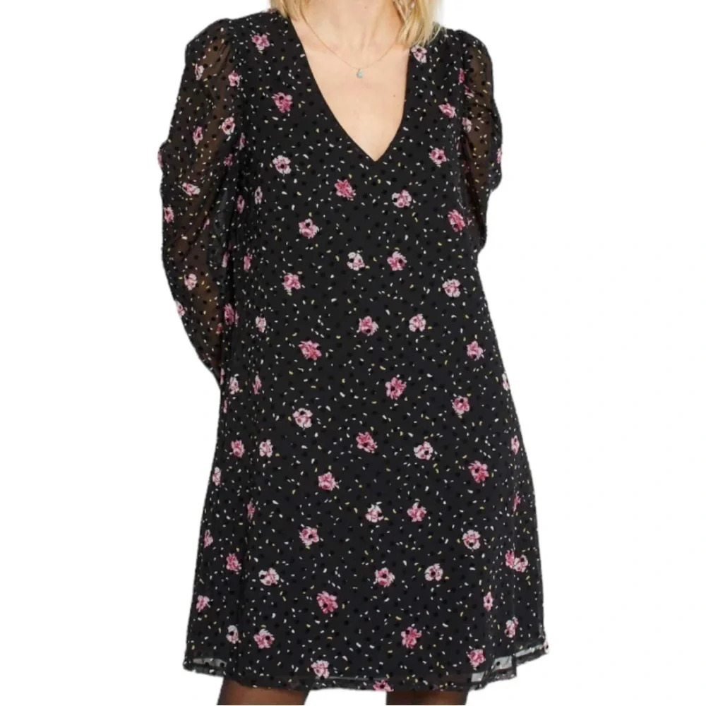 Kiabi Women’s Black Foral Polka Dot  Mesh Shift Dress Size 12 Long Sleeve Lined